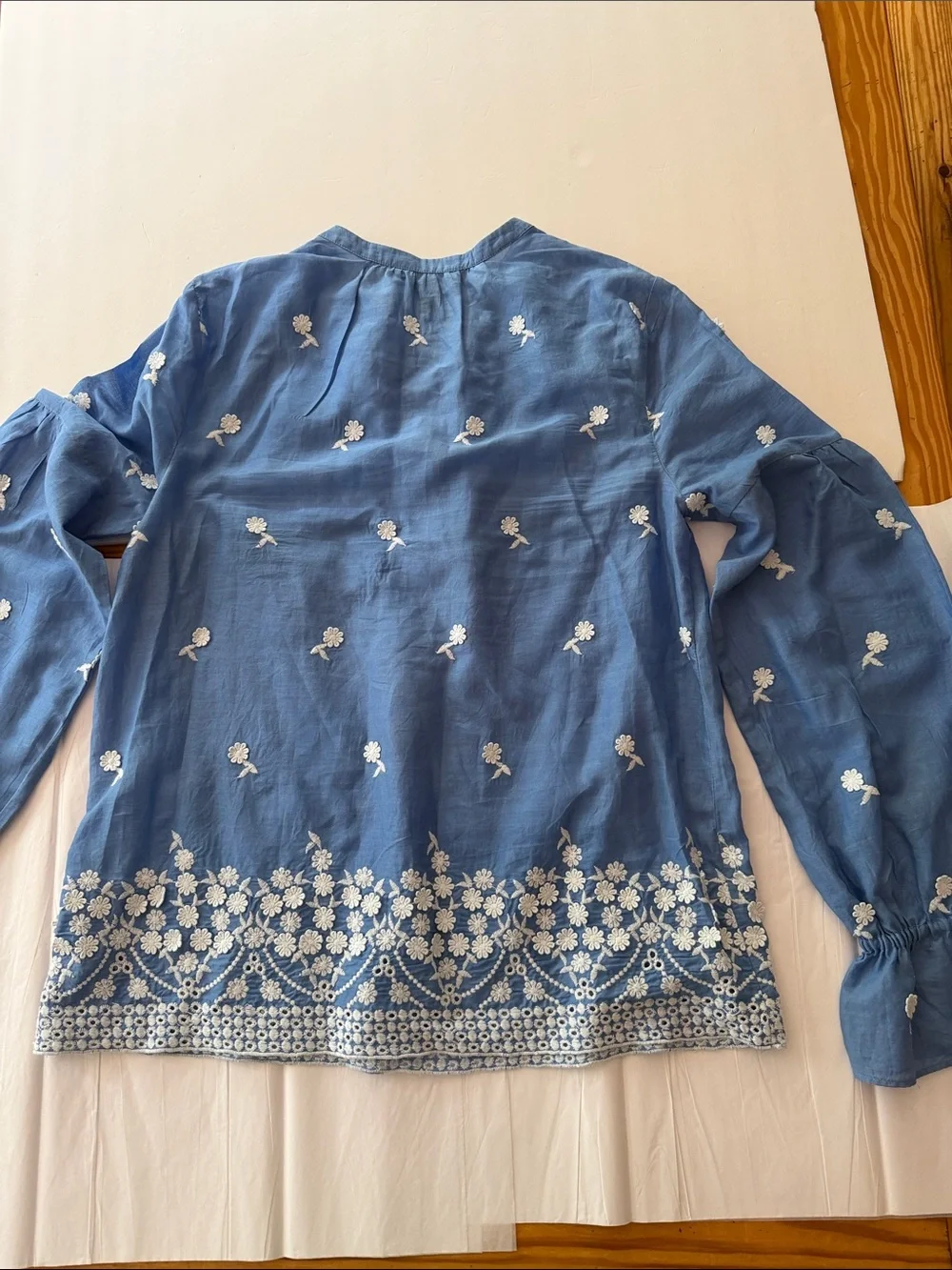 J. Crew Blue Embroidered Peasant Blouse with White Floral Detail
